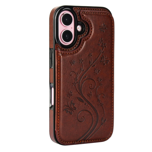 For iPhone 16 Plus Double Buckle Butterfly Embossing PU Phone Case(Brown) by buy2fix