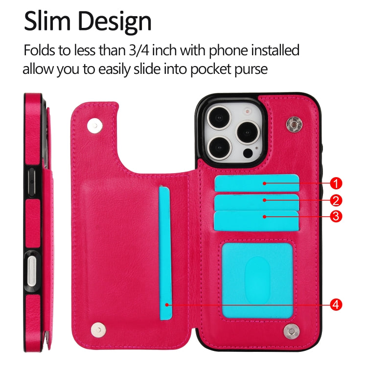 For iPhone 16 Pro Max Double Buckle Crazy Horse Texture PU Phone Case(Rose Red) by buy2fix