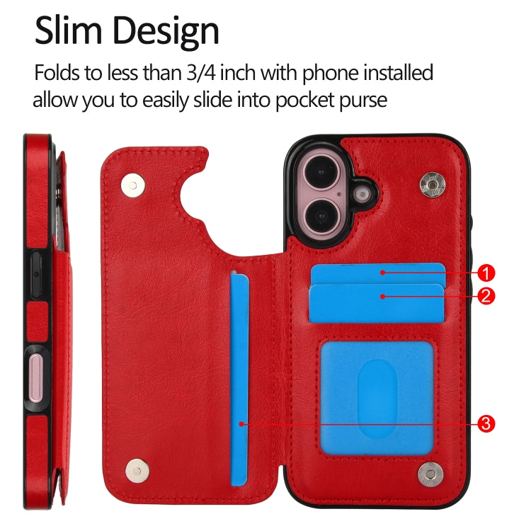 For iPhone 16 Plus Double Buckle Crazy Horse Texture PU Phone Case(Red) by buy2fix