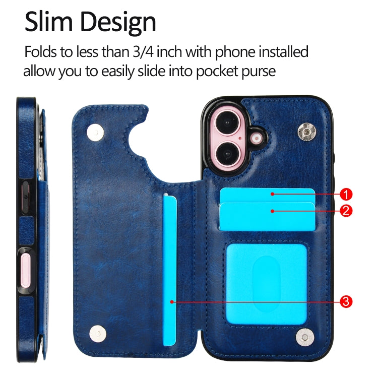 For iPhone 16 Plus Double Buckle Crazy Horse Texture PU Phone Case(Blue) by buy2fix