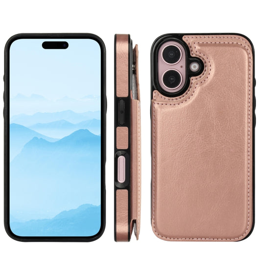 For iPhone 16 Plus Double Buckle Crazy Horse Texture PU Phone Case(Rose Gold) by buy2fix