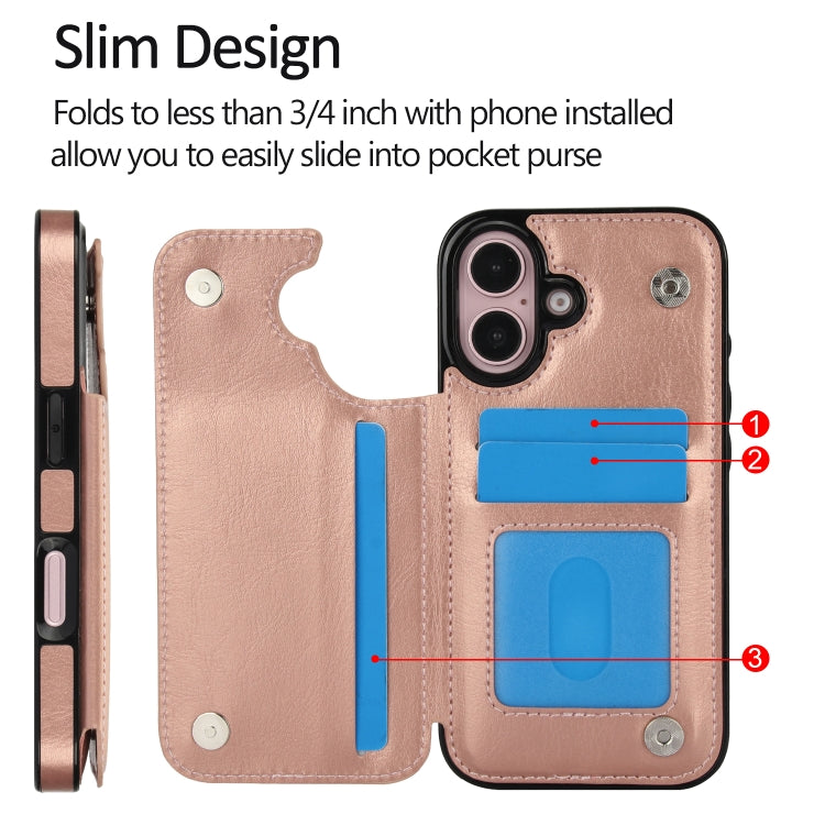 For iPhone 16 Plus Double Buckle Crazy Horse Texture PU Phone Case(Rose Gold) by buy2fix