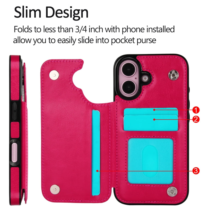 For iPhone 16 Plus Double Buckle Crazy Horse Texture PU Phone Case(Rose Red) by buy2fix
