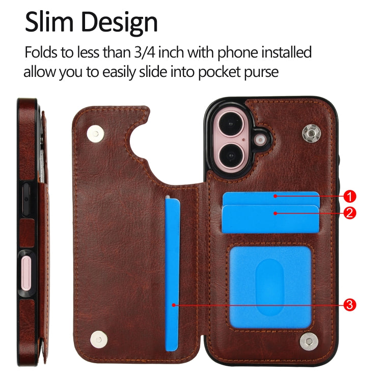 For iPhone 16 Plus Double Buckle Crazy Horse Texture PU Phone Case(Brown) by buy2fix