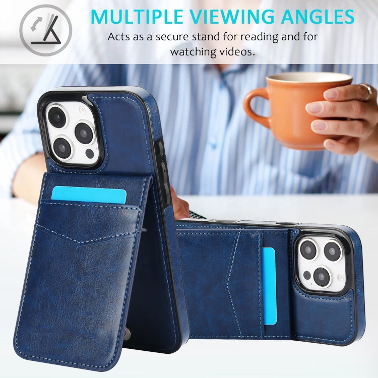 For iPhone 16 Pro Max Solid Color Card Slots Bracket PU Phone Case(Blue) by buy2fix