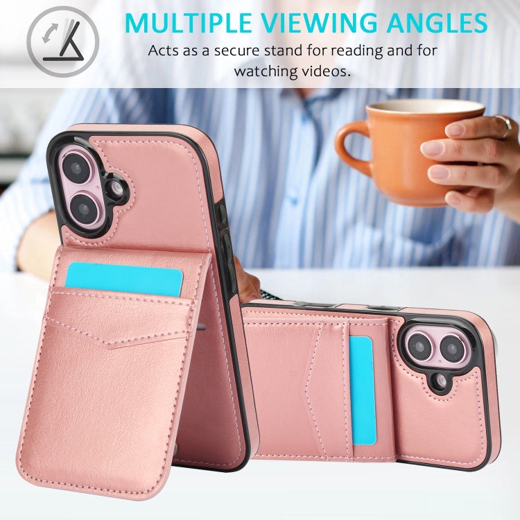 For iPhone 16 Plus Solid Color Card Slots Bracket PU Phone Case(Rose Gold) by buy2fix