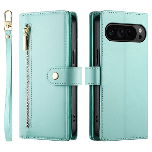 For Google Pixel 9 Pro XL Nine Card-slot Zipper Wallet Bag Leather Phone Case(Mint Green) by buy2fix