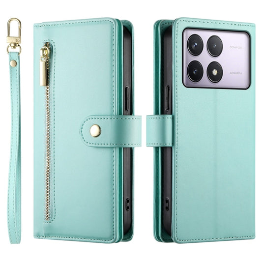 For Redmi K70 Nine Card-slot Zipper Wallet Bag Leather Phone Case(Mint Green) by buy2fix