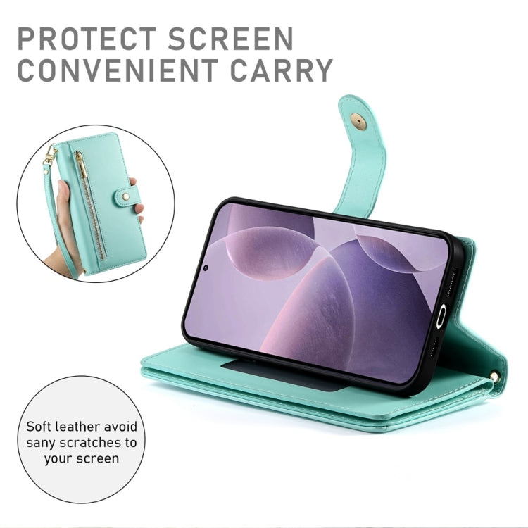For Redmi K70 Nine Card-slot Zipper Wallet Bag Leather Phone Case(Mint Green) - Xiaomi Cases by buy2fix | Online Shopping UK | buy2fix