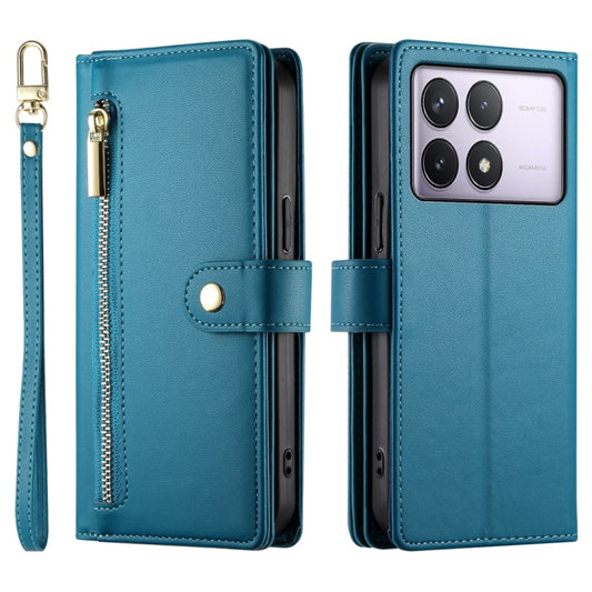 For Redmi K70 Nine Card-slot Zipper Wallet Bag Leather Phone Case(Blue) by buy2fix