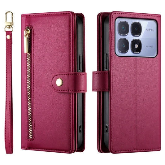 For Redmi K70 Ultra Nine Card-slot Zipper Wallet Bag Leather Phone Case(Red) by buy2fix
