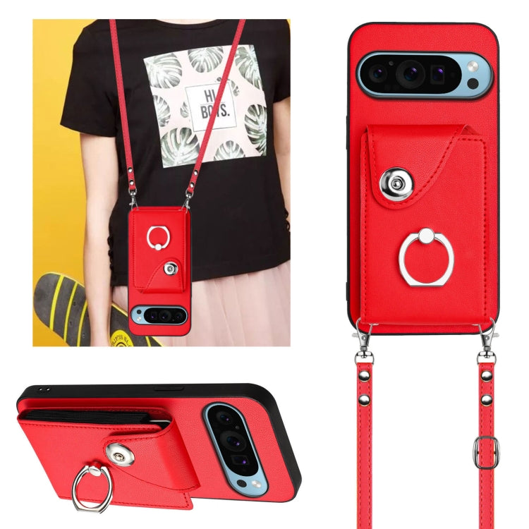 For Google Pixel 9 / 9 Pro Organ Card Bag Ring Holder Phone Case with Long Lanyard(Red) by buy2fix