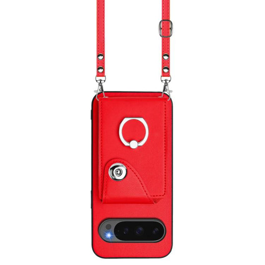 For Google Pixel 10 Pro XL Organ Card Bag Ring Holder Phone Case with Long Lanyard(Red) - Google Cases by buy2fix | Online Shopping UK | buy2fix