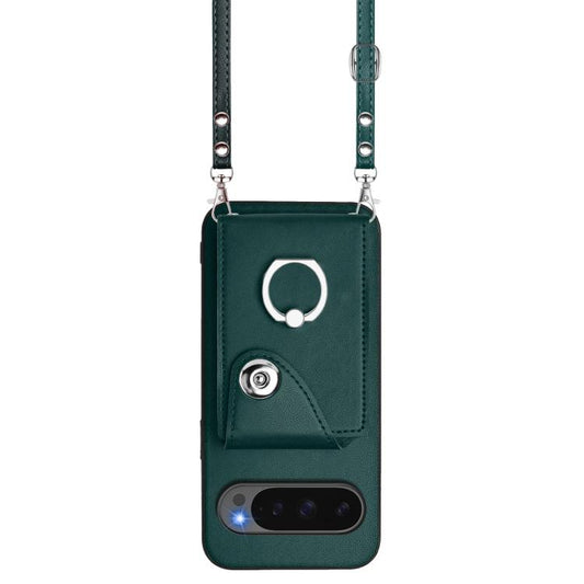 For Google Pixel 10 Pro XL Organ Card Bag Ring Holder Phone Case with Long Lanyard(Green) - Google Cases by buy2fix | Online Shopping UK | buy2fix