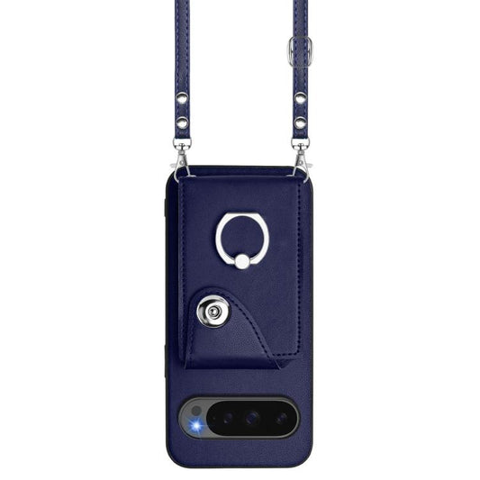 For Google Pixel 10 / 10 Pro Organ Card Bag Ring Holder Phone Case with Long Lanyard(Blue) - Google Cases by buy2fix | Online Shopping UK | buy2fix