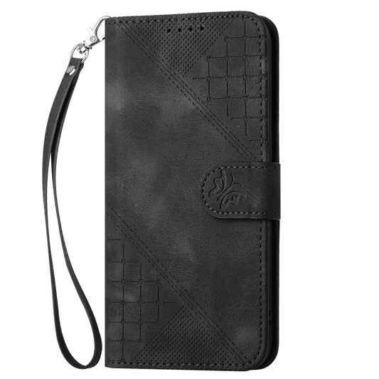 For iPhone 16e YX0080 Grid Butterfly Embossed Pattern Flip Leather Phone Case with Lanyard(Black) by buy2fix