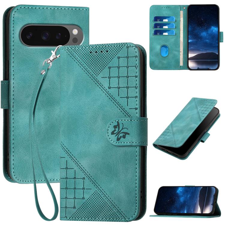 For Google Pixel 10 Pro XL Grid Butterfly Embossed Pattern Leather Phone Case with Lanyard(Light Blue) - Google Cases by buy2fix | Online Shopping UK | buy2fix