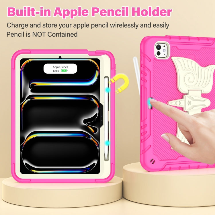 For iPad Pro 11 2025 / 2024 Kickstand PC Hybrid Silicone Tablet Case with Strap(Beige Rose Red) by buy2fix