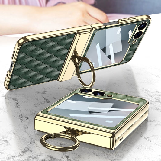 For Samsung Galaxy Z Flip6 / Flip7 FE GKK Rhombus Pattern Integrated Electroplated Leather Phone Case with Ring(Green) by GKK
