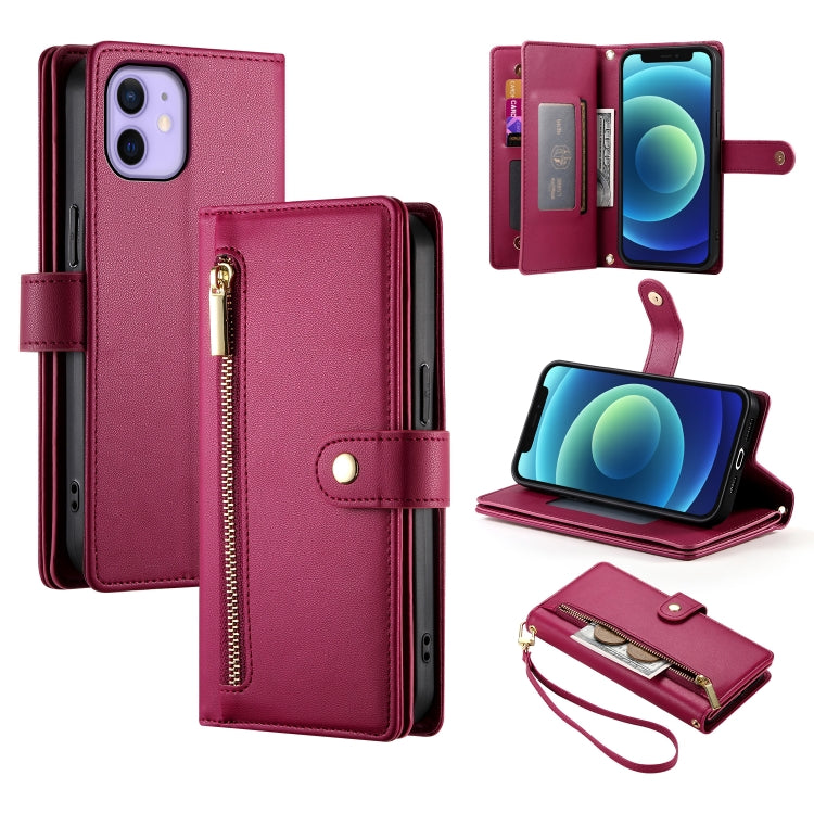 For iPhone 12 mini Nine Card-slot Zipper Wallet Bag Leather Phone Case(Red) - iPhone 12 mini Cases by buy2fix | Online Shopping UK | buy2fix