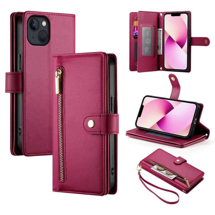 For iPhone 13 Nine Card-slot Zipper Wallet Bag Leather Phone Case(Red) - iPhone 13 Cases by buy2fix | Online Shopping UK | buy2fix