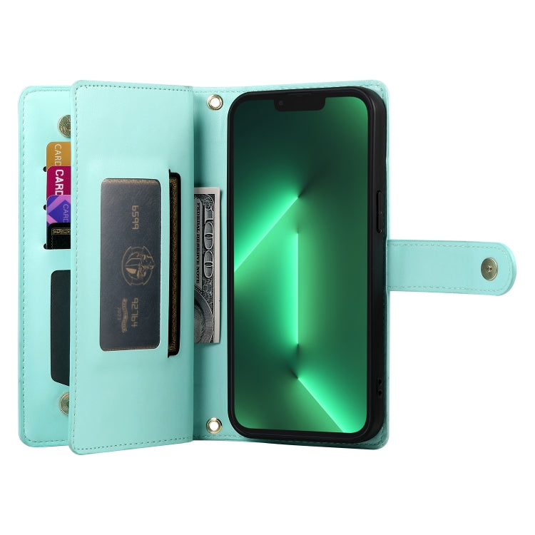 For iPhone 13 Pro Nine Card-slot Zipper Wallet Bag Leather Phone Case(Mint Green) - iPhone 13 Pro Cases by buy2fix | Online Shopping UK | buy2fix