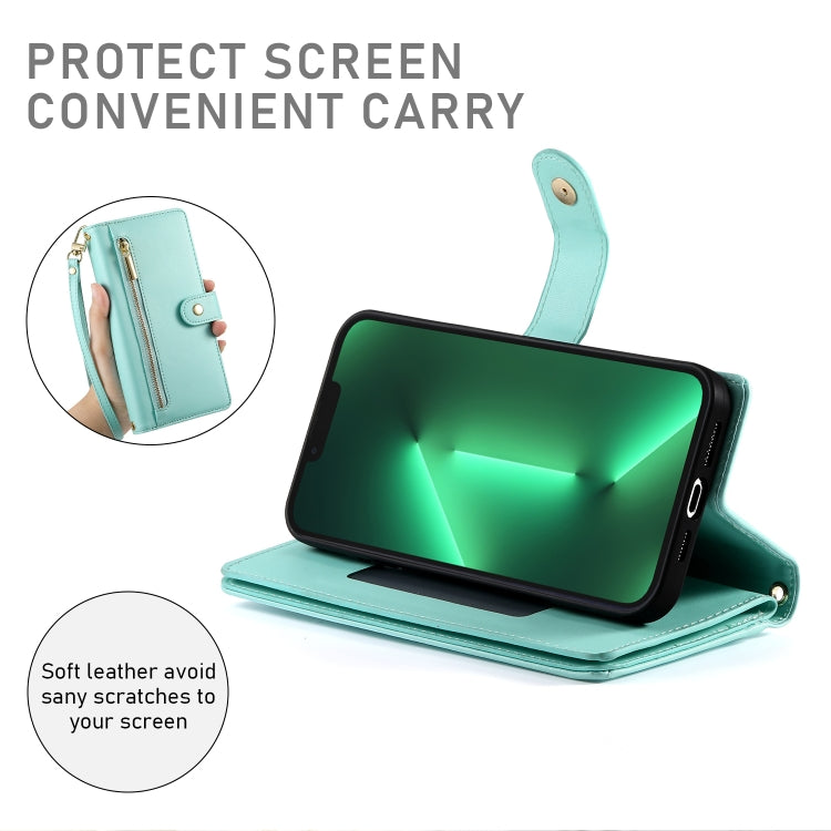 For iPhone 13 Pro Nine Card-slot Zipper Wallet Bag Leather Phone Case(Mint Green) - iPhone 13 Pro Cases by buy2fix | Online Shopping UK | buy2fix