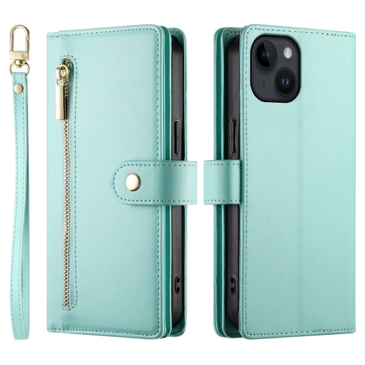 For iPhone 14 Nine Card-slot Zipper Wallet Bag Leather Phone Case(Mint Green) - iPhone 14 Cases by buy2fix | Online Shopping UK | buy2fix