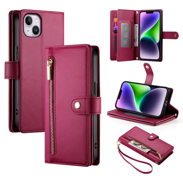 For iPhone 14 Plus Nine Card-slot Zipper Wallet Bag Leather Phone Case(Red) - iPhone 14 Plus Cases by buy2fix | Online Shopping UK | buy2fix