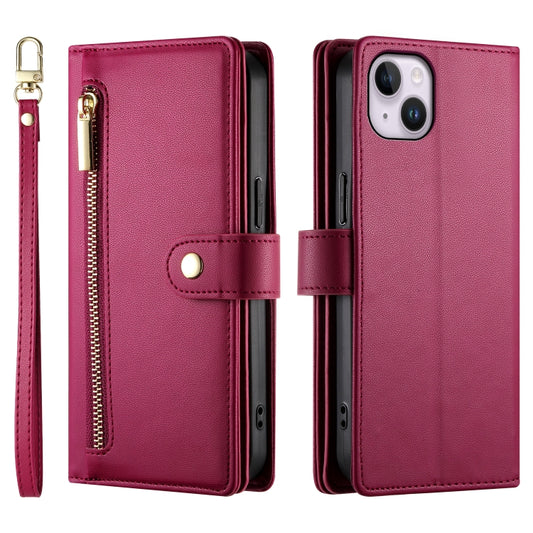 For iPhone 14 Plus Nine Card-slot Zipper Wallet Bag Leather Phone Case(Red) - iPhone 14 Plus Cases by buy2fix | Online Shopping UK | buy2fix