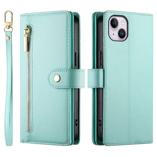 For iPhone 14 Plus Nine Card-slot Zipper Wallet Bag Leather Phone Case(Mint Green) - iPhone 14 Plus Cases by buy2fix | Online Shopping UK | buy2fix