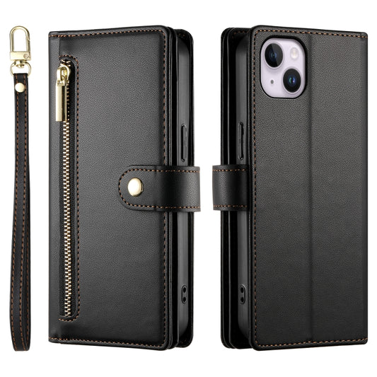 For iPhone 14 Plus Nine Card-slot Zipper Wallet Bag Leather Phone Case(Black) - iPhone 14 Plus Cases by buy2fix | Online Shopping UK | buy2fix