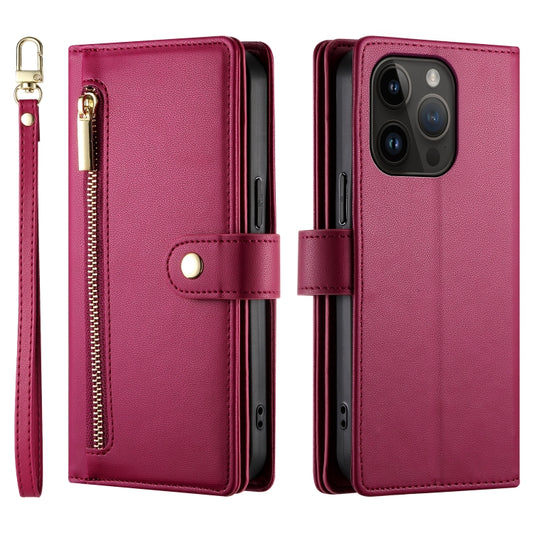 For iPhone 14 Pro Nine Card-slot Zipper Wallet Bag Leather Phone Case(Red) - iPhone 14 Pro Cases by buy2fix | Online Shopping UK | buy2fix