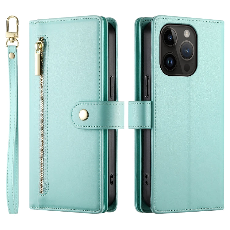 For iPhone 14 Pro Nine Card-slot Zipper Wallet Bag Leather Phone Case(Mint Green) - iPhone 14 Pro Cases by buy2fix | Online Shopping UK | buy2fix