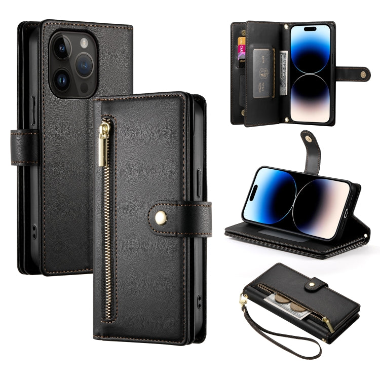 For iPhone 14 Pro Nine Card-slot Zipper Wallet Bag Leather Phone Case(Black) - iPhone 14 Pro Cases by buy2fix | Online Shopping UK | buy2fix