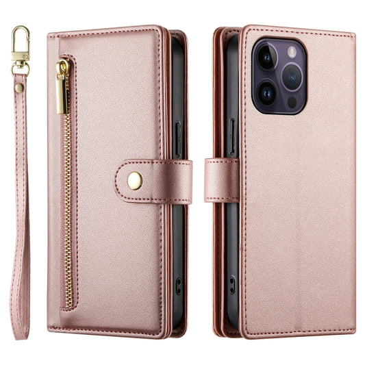 For iPhone 14 Pro Max Nine Card-slot Zipper Wallet Bag Leather Phone Case(Pink) - iPhone 14 Pro Max Cases by buy2fix | Online Shopping UK | buy2fix
