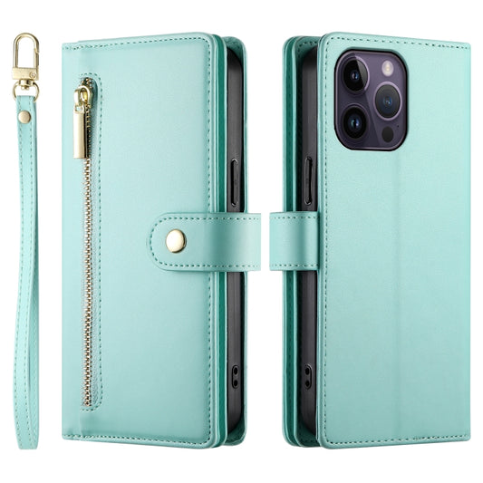 For iPhone 14 Pro Max Nine Card-slot Zipper Wallet Bag Leather Phone Case(Mint Green) - iPhone 14 Pro Max Cases by buy2fix | Online Shopping UK | buy2fix