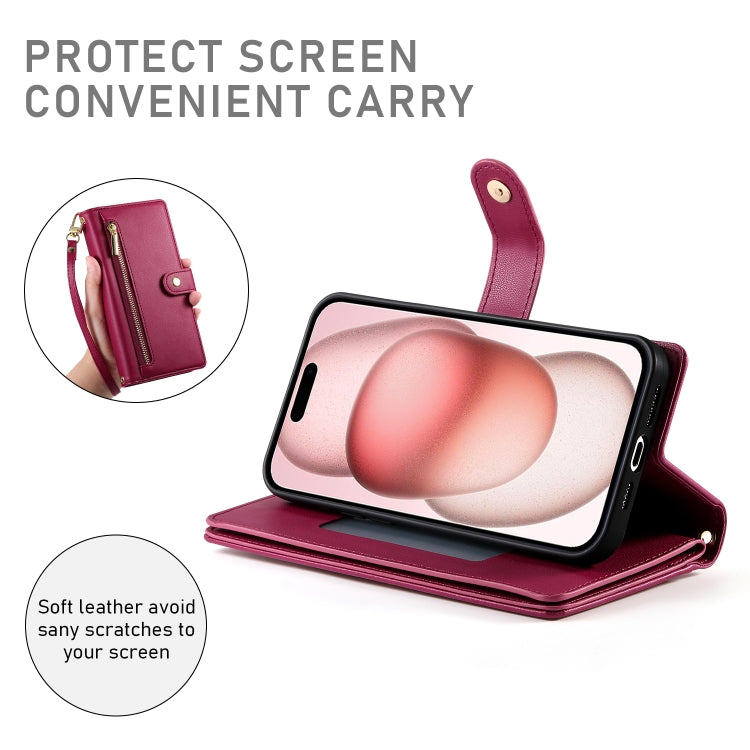 For iPhone 15 Nine Card-slot Zipper Wallet Bag Leather Phone Case(Red) - iPhone 15 Cases by buy2fix | Online Shopping UK | buy2fix