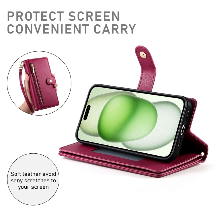 For iPhone 15 Plus Nine Card-slot Zipper Wallet Bag Leather Phone Case(Red) - iPhone 15 Plus Cases by buy2fix | Online Shopping UK | buy2fix