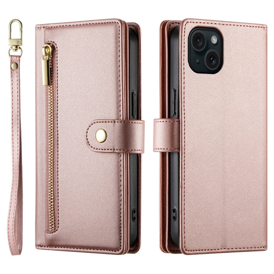 For iPhone 15 Plus Nine Card-slot Zipper Wallet Bag Leather Phone Case(Pink) - iPhone 15 Plus Cases by buy2fix | Online Shopping UK | buy2fix