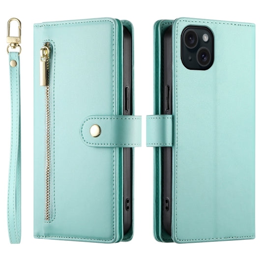 For iPhone 15 Plus Nine Card-slot Zipper Wallet Bag Leather Phone Case(Mint Green) - iPhone 15 Plus Cases by buy2fix | Online Shopping UK | buy2fix