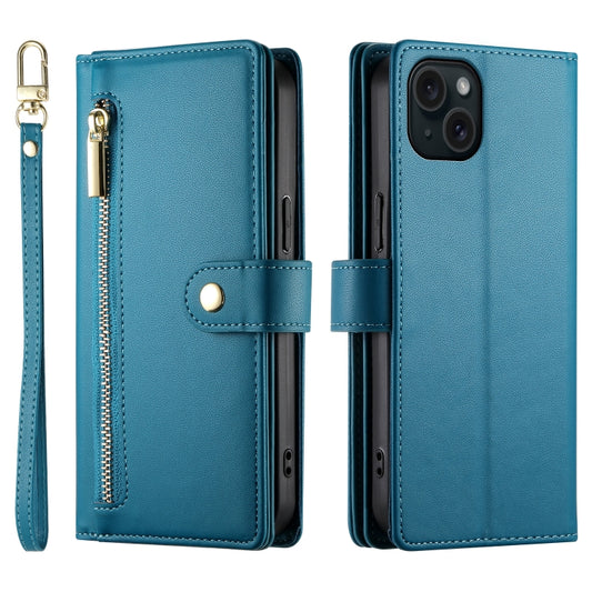 For iPhone 15 Plus Nine Card-slot Zipper Wallet Bag Leather Phone Case(Blue) - iPhone 15 Plus Cases by buy2fix | Online Shopping UK | buy2fix