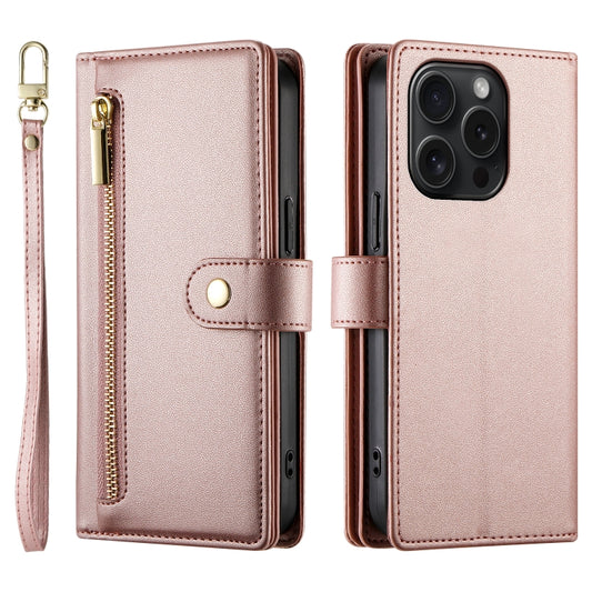 For iPhone 15 Pro Nine Card-slot Zipper Wallet Bag Leather Phone Case(Pink) - iPhone 15 Pro Cases by buy2fix | Online Shopping UK | buy2fix