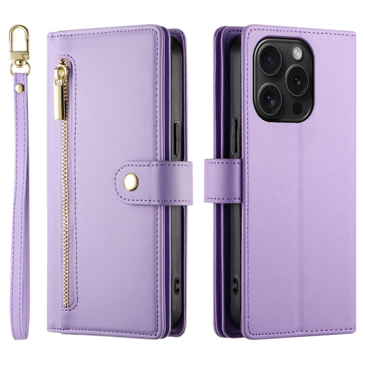 For iPhone 15 Pro Nine Card-slot Zipper Wallet Bag Leather Phone Case(Purple) - iPhone 15 Pro Cases by buy2fix | Online Shopping UK | buy2fix