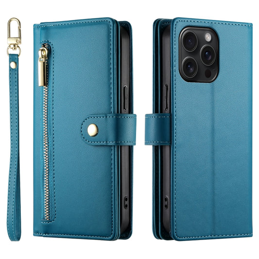 For iPhone 15 Pro Max Nine Card-slot Zipper Wallet Bag Leather Phone Case(Blue) - iPhone 15 Pro Max Cases by buy2fix | Online Shopping UK | buy2fix