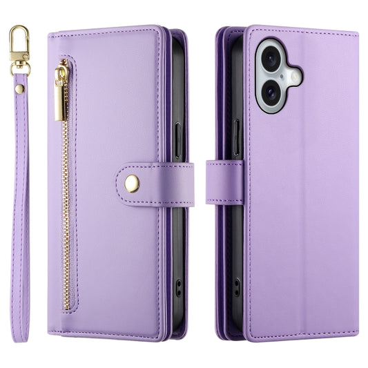 For iPhone 16 Nine Card-slot Zipper Wallet Bag Leather Phone Case(Purple) by buy2fix