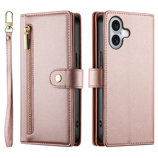 For iPhone 16 Plus Nine Card-slot Zipper Wallet Bag Leather Phone Case(Pink) by buy2fix
