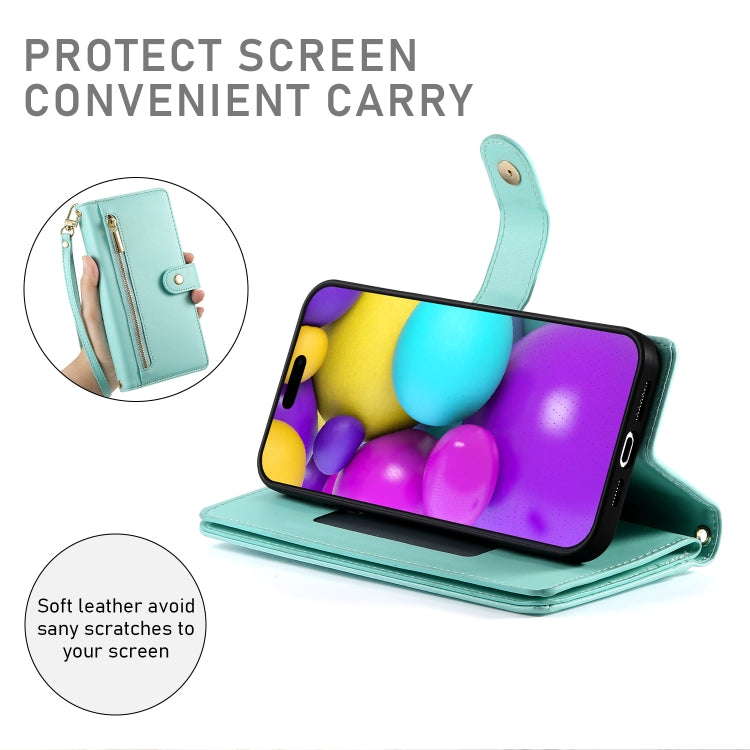 For iPhone 16 Plus Nine Card-slot Zipper Wallet Bag Leather Phone Case(Mint Green) - iPhone 16 Plus Cases by buy2fix | Online Shopping UK | buy2fix