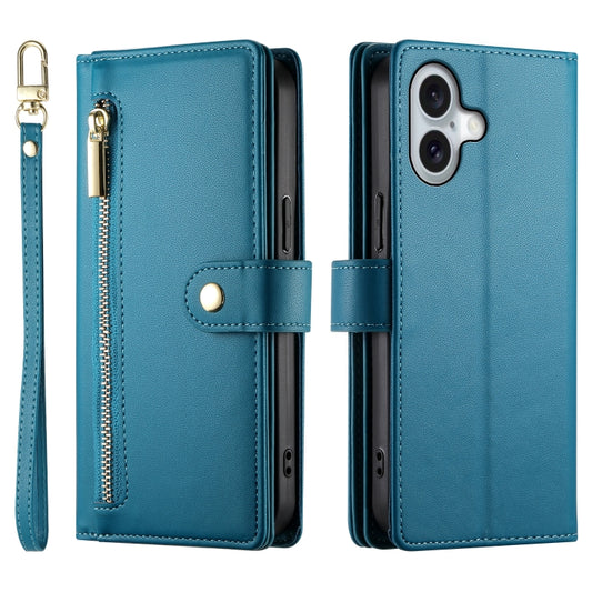 For iPhone 16 Plus Nine Card-slot Zipper Wallet Bag Leather Phone Case(Blue) by buy2fix