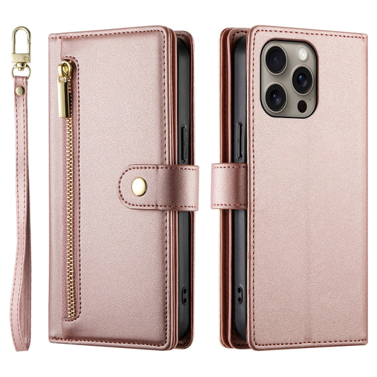 For iPhone 16 Pro Nine Card-slot Zipper Wallet Bag Leather Phone Case(Pink) by buy2fix